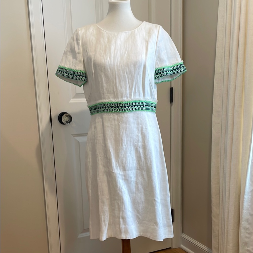 NWT J. Crew Collection - White Linen Dress w/Green and Navy Woven Trim - Size 10